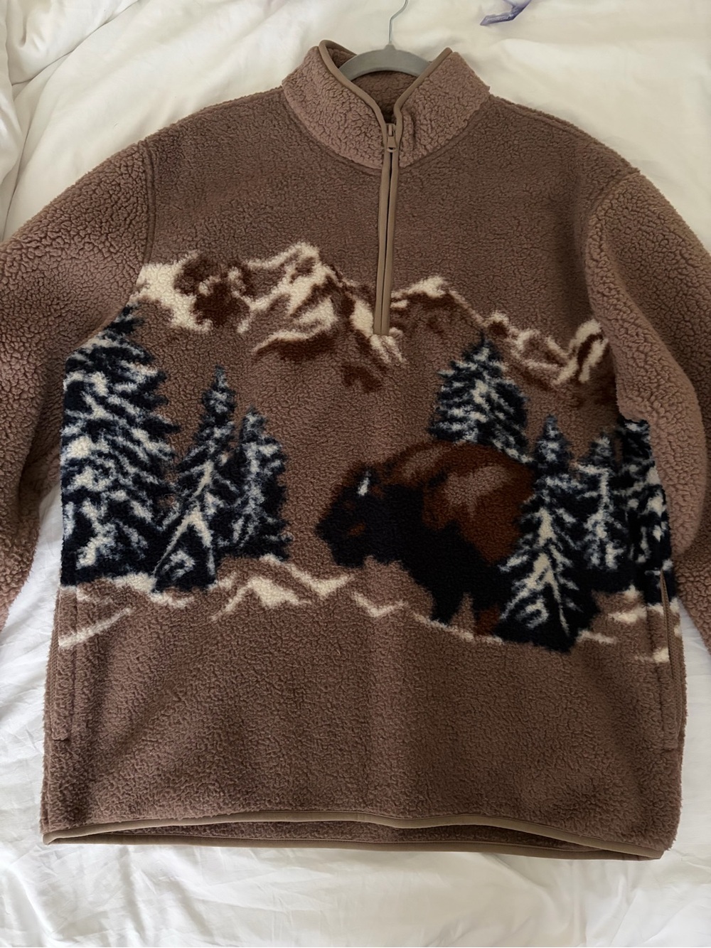 Brown Sherpa Quarter-Zip Pullover with Mountain & Bison Motif